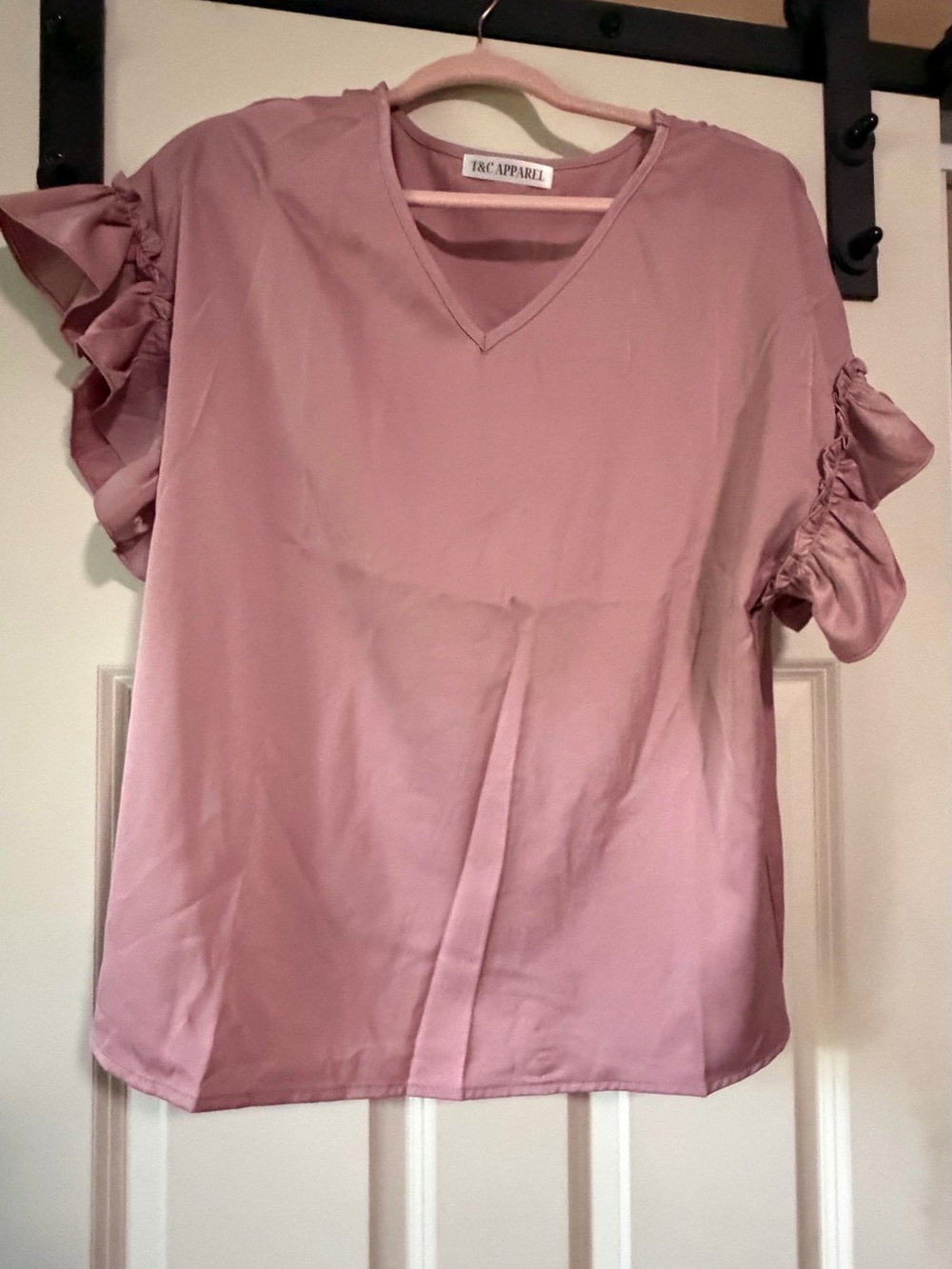 Mauve V-Neck Ruffle Sleeve Blouse